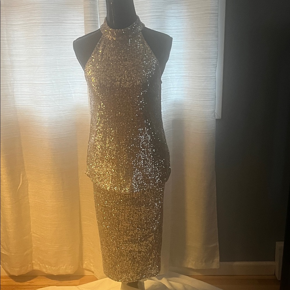 Christian Siriano & Rachel Roy Gold Sequin Midi Dress